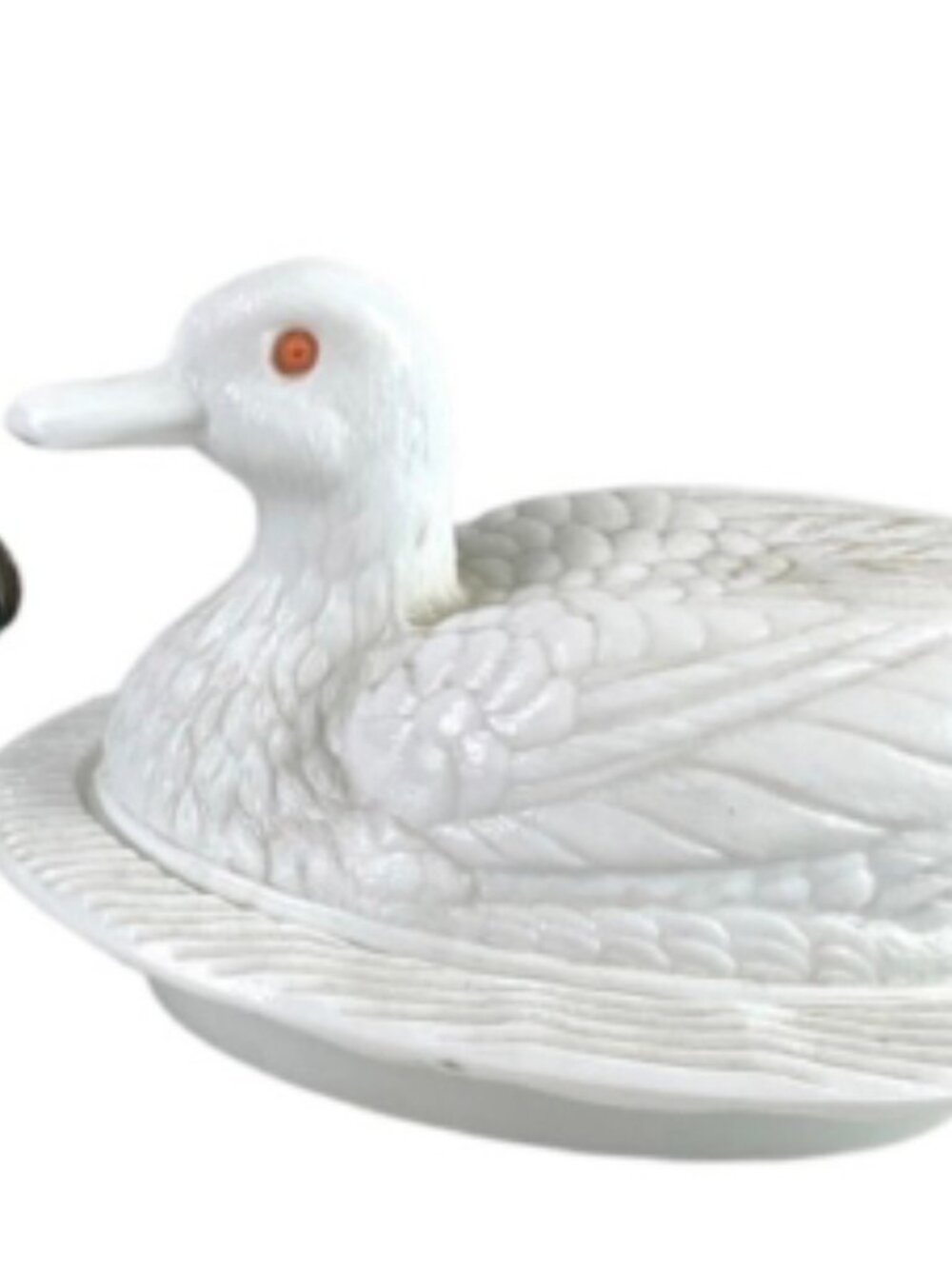 Westmoreland Orange Eyed Duck on Nest Milk Glass Covered Dish Wave Base Vtg RARE